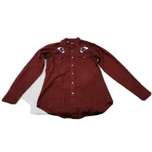 Vintage Men’s Medium Chute Red Maroon Western Pearl Snap Embroidered Wagon Shirt